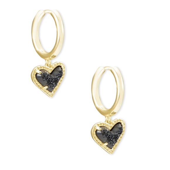 Kendra Scott Ari Heart Huggie Black Drusy Earrings Gold Plated - Picture 4 of 5